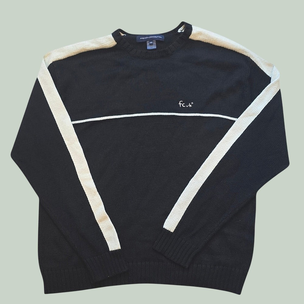 Vintage Y2K French Connection FCUK Sweater Mens XXL Wool Black Cream Hong Kong